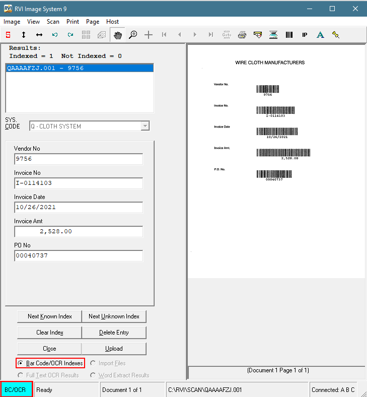 RVI barcode indexing screenshot — invoice fields auto-populated from scanned barcodes